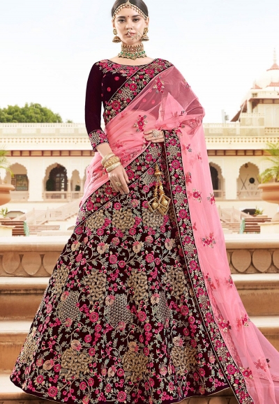 Maroon velvet Indian wedding lehenga