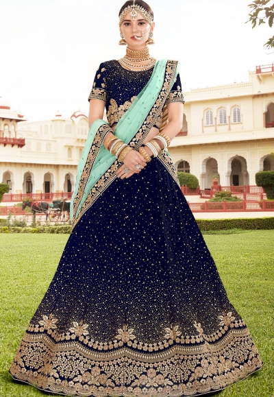 Navy blue velvet wedding lehenga