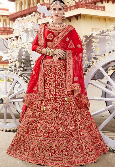 Maroon pure satin silk wedding lehenga