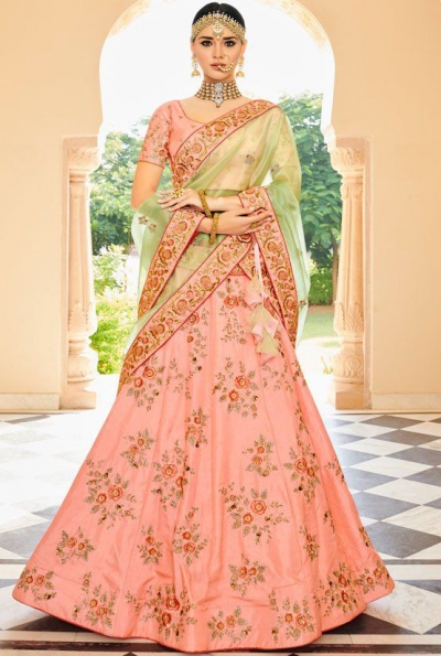 Peach dolla silk Indian wedding lehenga