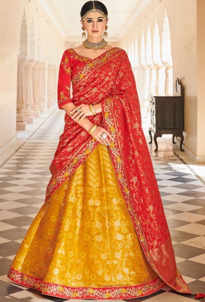Buy Yellow and red banarasi silk wedding lehenga in UK, USA and Canada