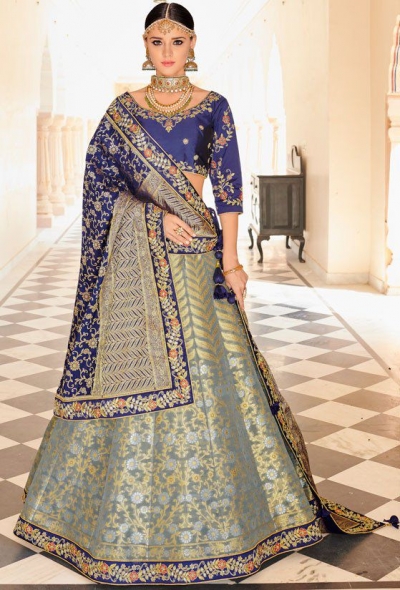 Grey and blue Indian banarasi silk wedding lehenga