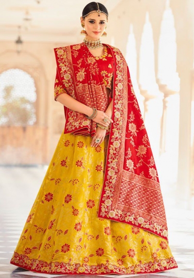 Yellow and red banarasi wedding lehenga