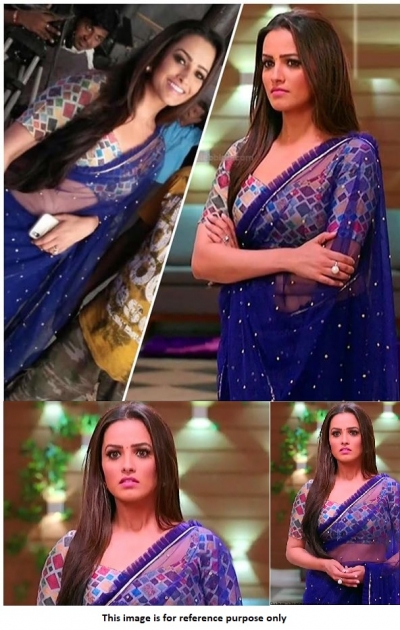 Bollywood Anita Hassanandani Navy blue net saree