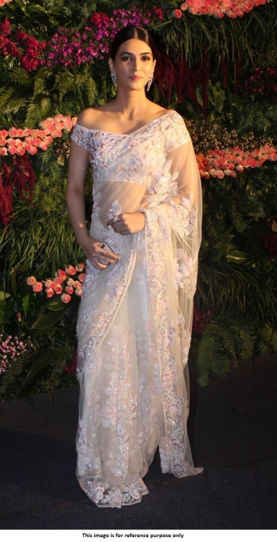 Bollywood Kriti Sanon White Virushka wedding reception Net saree