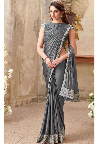 Grey color lycra designer party wear saree