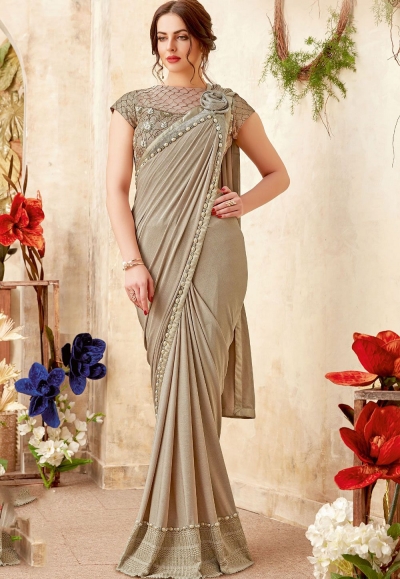 Beige shimmery fancy party wear saree