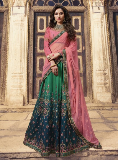 Shaded green pink silk Indian wedding lehenga choli 903