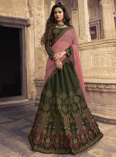 Mehandi green pink silk Indian wedding lehenga choli 904