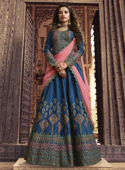 Blue pink silk Indian wedding lehenga choli 905
