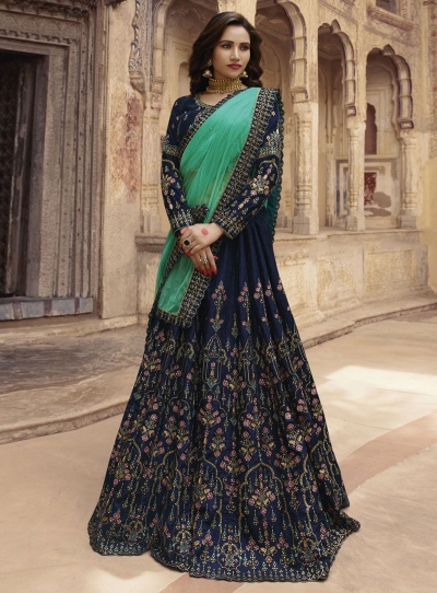 Navy blue green silk Indian wedding lehenga choli 908