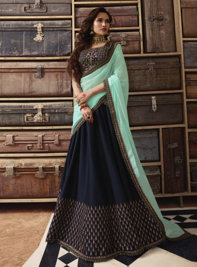 Navy blue Sea green silk Indian wedding lehenga choli 909