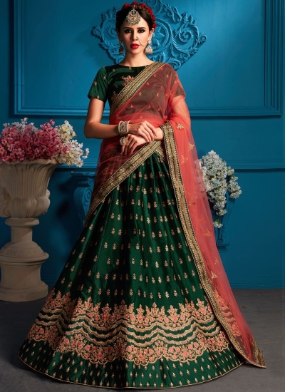 Green satin silk Indian Wedding Lehenga choli 1706