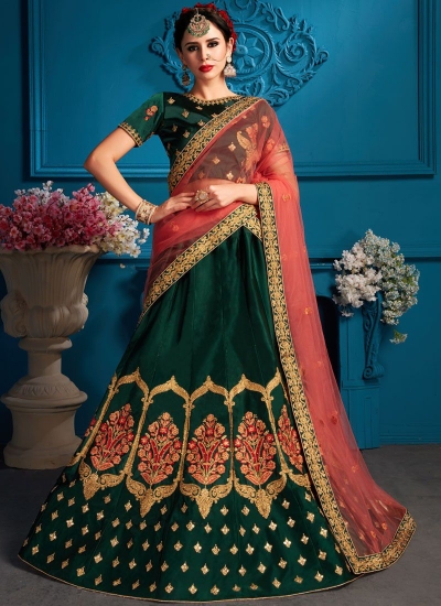 Green satin silk Indian Wedding Lehenga choli 1707