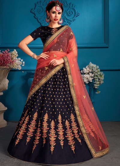 Navy blue satin silk Indian Wedding Lehenga choli 1709