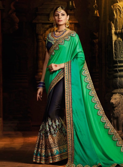 Turquoise and blue silk designer party wear saree