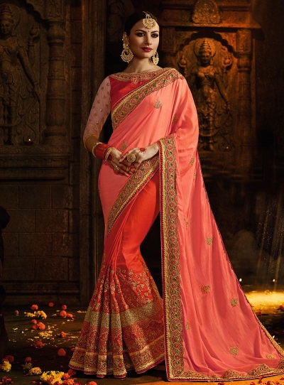 Red and pink designer party wear saree