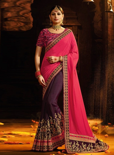 Rani and wine color silk Indian wedding saree
