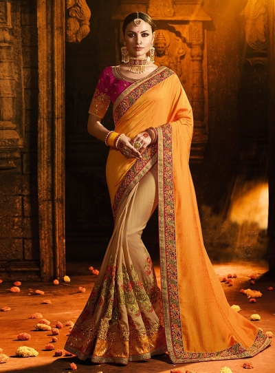 Yellow beige and red silk designer party wear saree