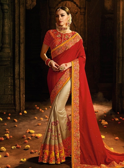 Red and Beige Barfi silk designer party wear saree