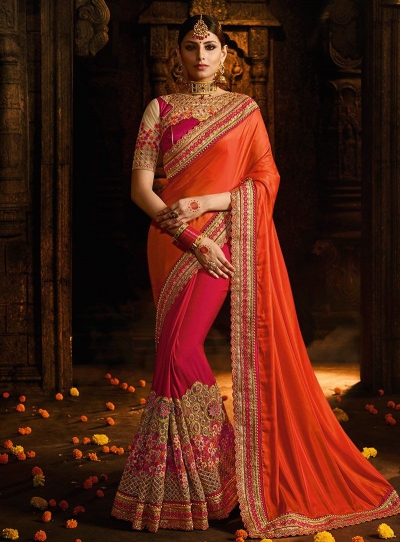 Orange and pink barfi silk designer party wear saree