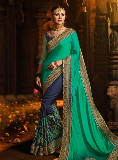 Turquoise and blue barfi silk designer party wear saree