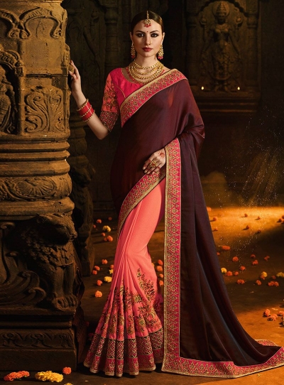 Wine and pink barfi silk designer party wear saree