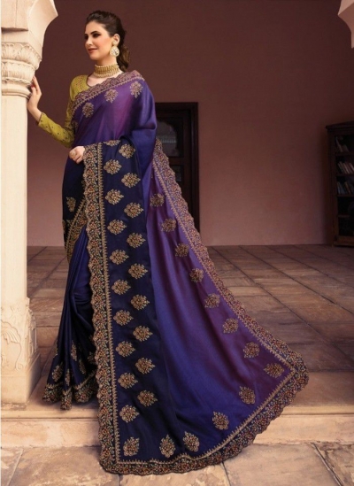 Violet and green barfi silk Indian designer saree
