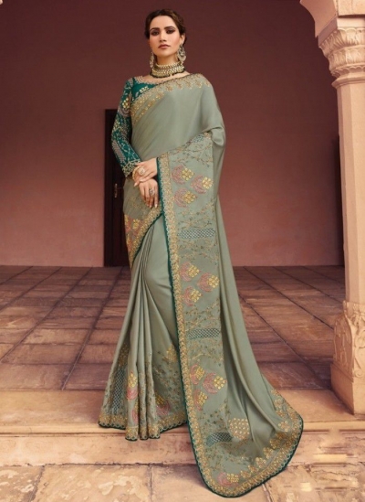 Grey color Barfi silk Indian designer Saree