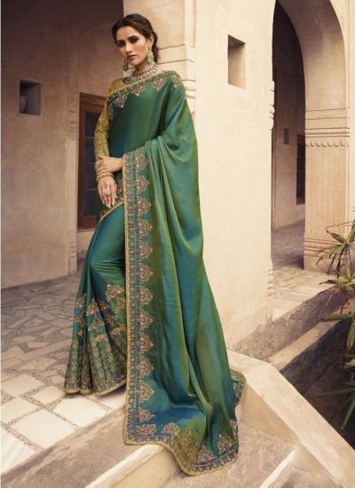 Green shaded Barfi silk Indian designer Saree