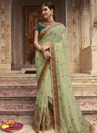 Light green Organza Indian wedding Saree