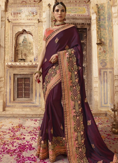 Wine color barfi silk Indian wedding Saree