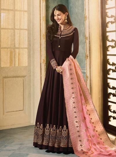 Amyra Dastur Brown color georgette wedding wear Anarkali