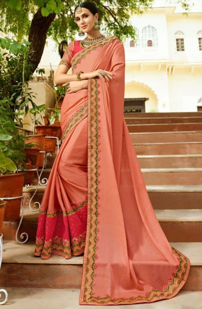 Peach Color Barfi silk saree Indian wedding saree double blouse