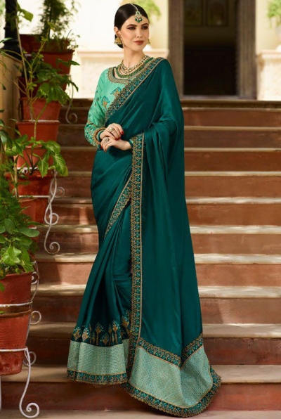 Green Color Barfi silk saree Indian wedding saree double blouse