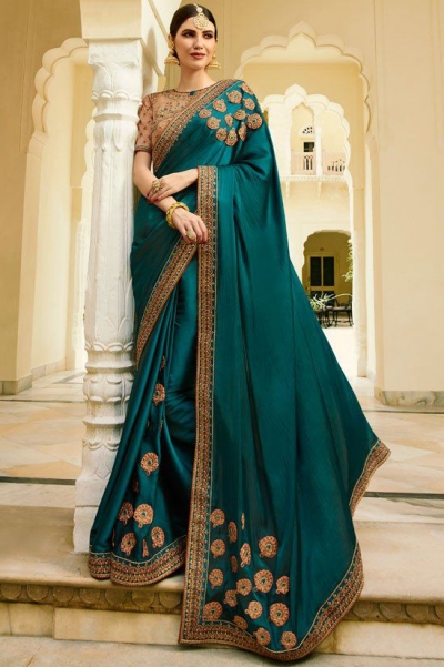 Teal Color Barfi silk saree Indian wedding saree double blouse