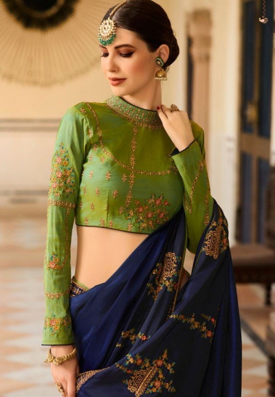 Buy Royal blue Barfi silk saree Indian wedding saree double blouse in ...