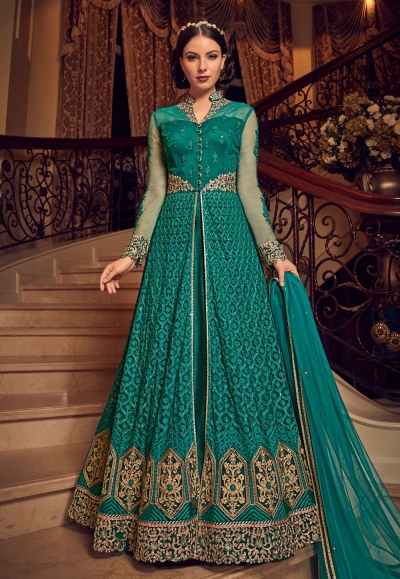 Teal color georgette wedding Lehenga and pant 2 in 1 style