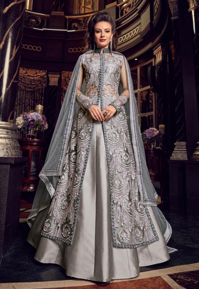 Grey color net and silk Indian wedding Lehenga kameez