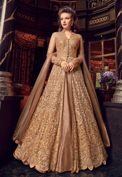 Gold color net and silk wedding lehenga kameez 2 in 1 style