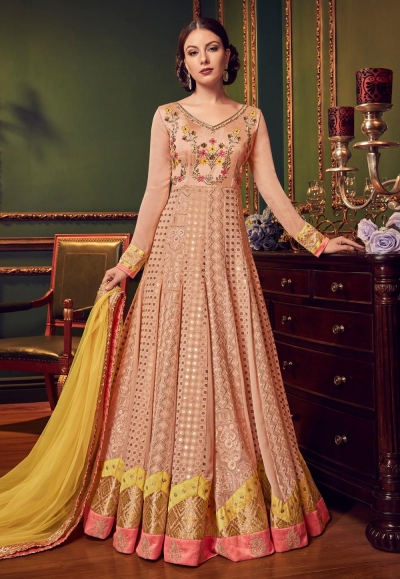 Buy Peach color Swiss georgette gown style Indian wedding anarkali in UK USA and Canada