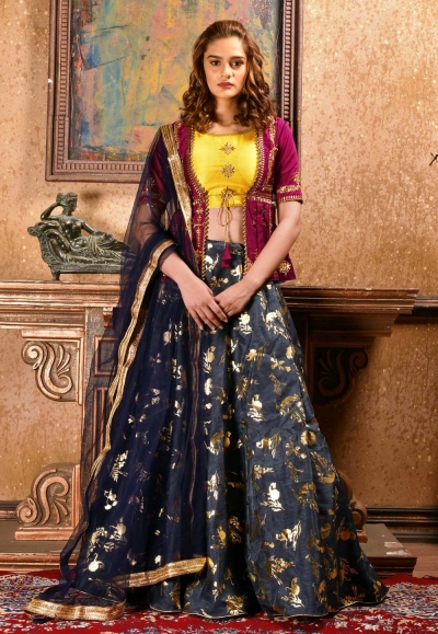 Navy blue Silk Indian wedding lehenga choli