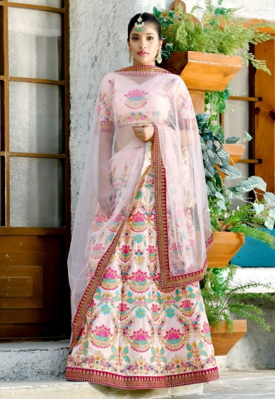 Peach color silk Indian wedding lehenga choli