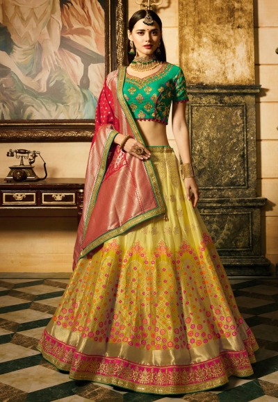 Mustuard green and red Indian wedding Banarasi silk Lehenga