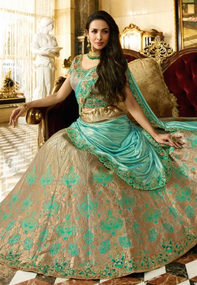 Buy Malaika Arora Khan blue and beige Indian Banarasi silk wedding ...