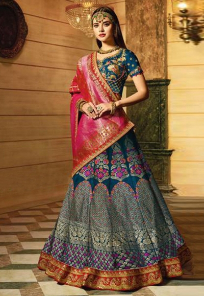 Blue designer Indian wedding Banarasi silk Lehenga