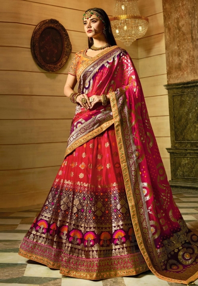 Buy Red and yellow Banarasi silk Indian wedding lehenga in UK, USA and ...