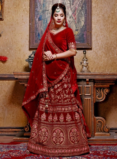 Maroon velvet Indian wedding lehenga