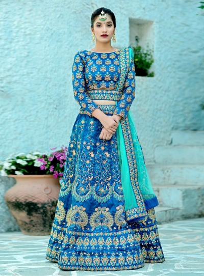 Buy Harbour blue silk Indian wedding lehenga in UK USA and Canada