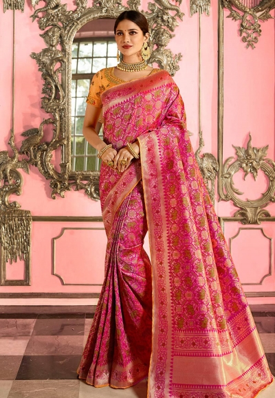 Rose and Yellow Indian Wedding silk saree